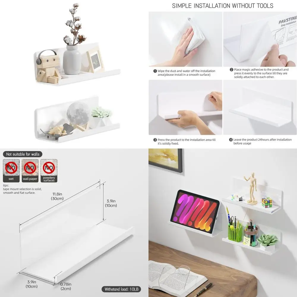 

Пара белых 12-клейких плавающих полок — настенный органайзер для дома и офиса, сверление не требуется