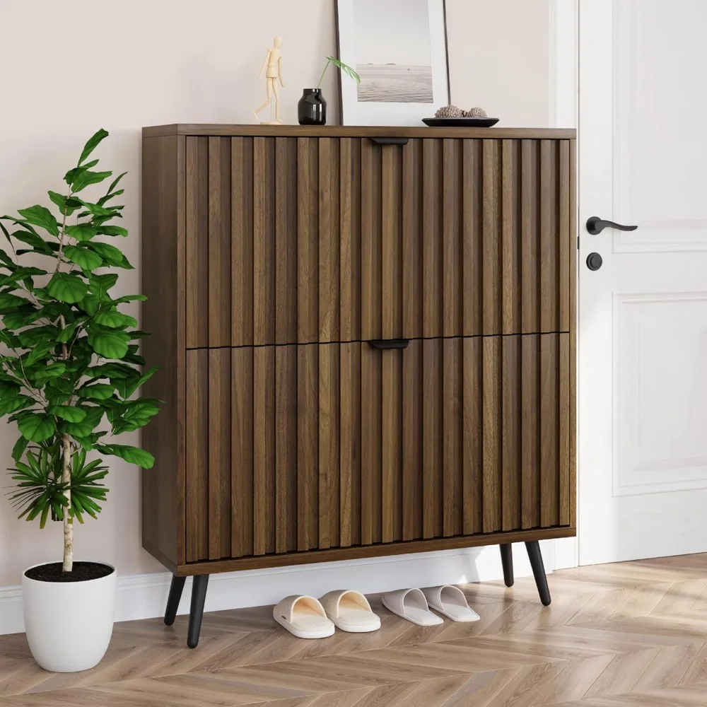 

Shoe Cabinet with 2 Flip Drawers, 31.5 Walnut Hidden Shoe Storage Cabinet with Fluted Design, Freestanding Shoe Organizer