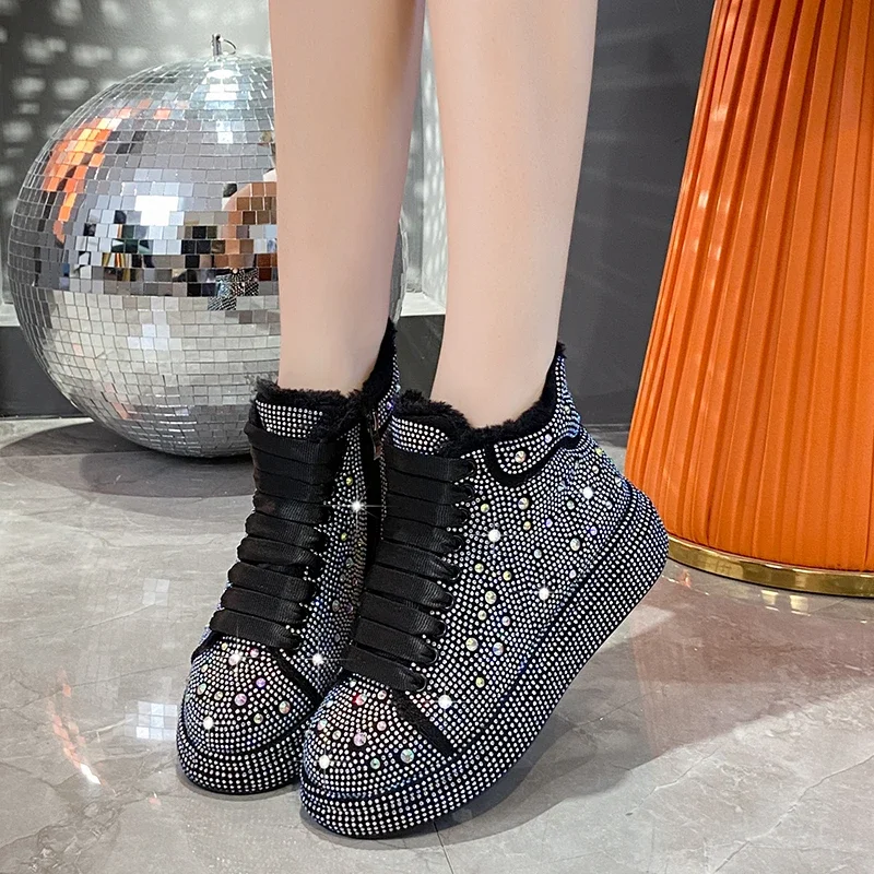 Rhinestone Covered High Top Sneakers Woman Winter Warm Plush Lined Casual Boots Ladies Luxury Brand Design Bling Rivet Shoes