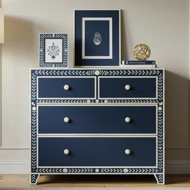 Handmade, durable, modern blue-framed solid mango wood eco-friendly 6-drawer storage cabinet, dressing table