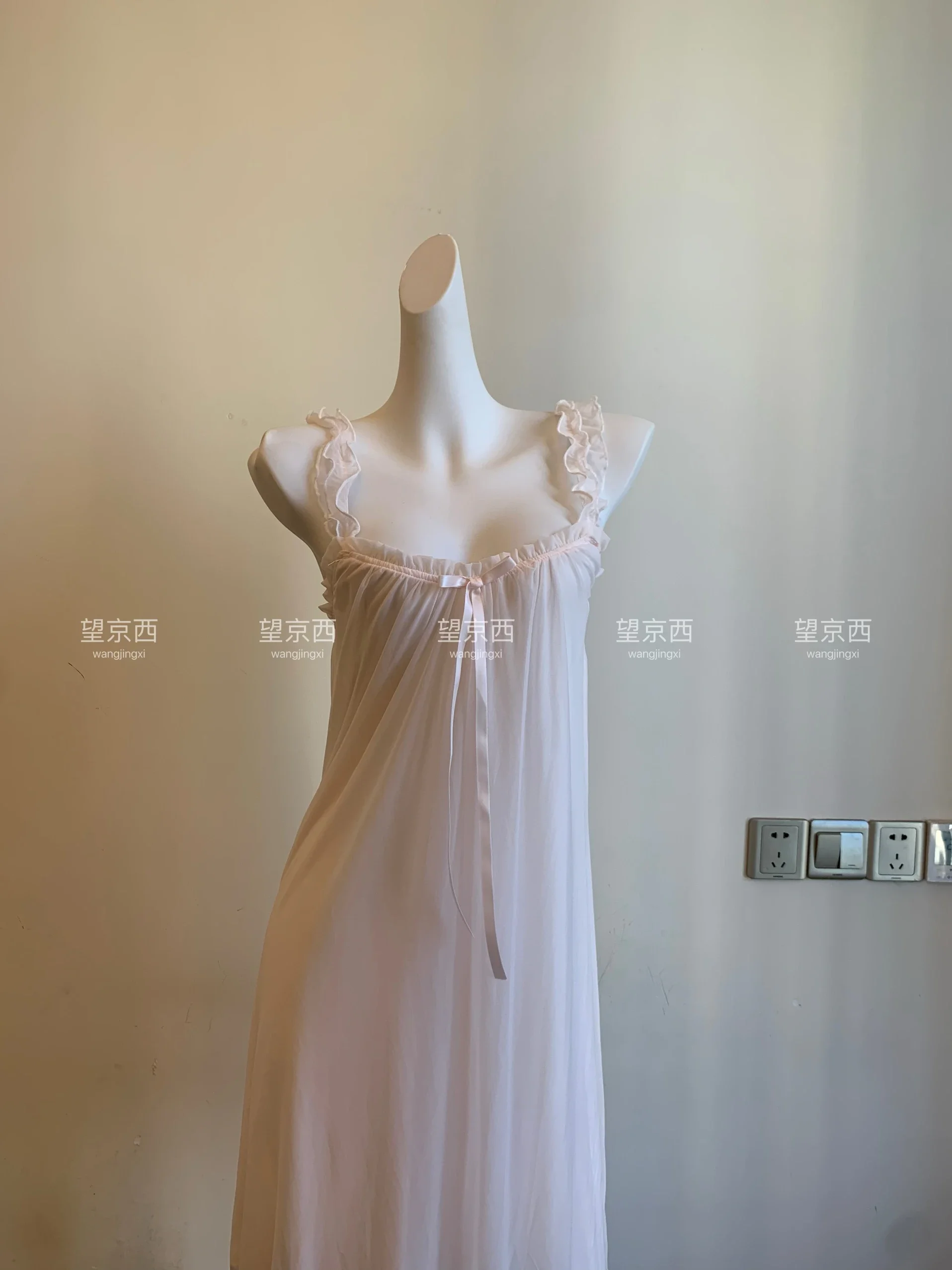 Super Soft Modal Slip Nightdress Fairy Mesh Lace Ruffle Sweet Bow Backless Square Collar Sleepshirts Pink Homewear Cute