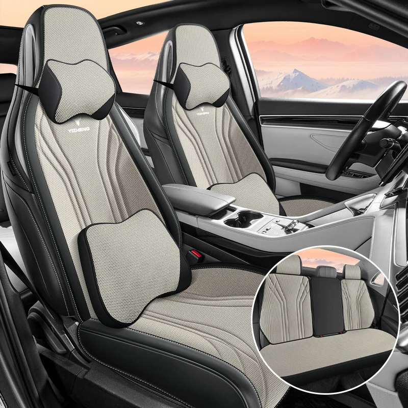 (Luxury Edition) 5 Seats in Total, with 2 Soft Headrests and 2 Comfortable Lumbar Supports, Luxurious Linen One-Piece Car Seat Cushion, Comfortable, Breathable, Easy to Care For, Suitable for All Seasons, Wear-Resistant, Fits Perfectly with the Original Car Seats, Washable and Easy to Maintain, 3D Design Enhances Your Driving Experience, Available in Five Colors, Suitable for Sedans, Suvs, Pickup Trucks and Other Various Models