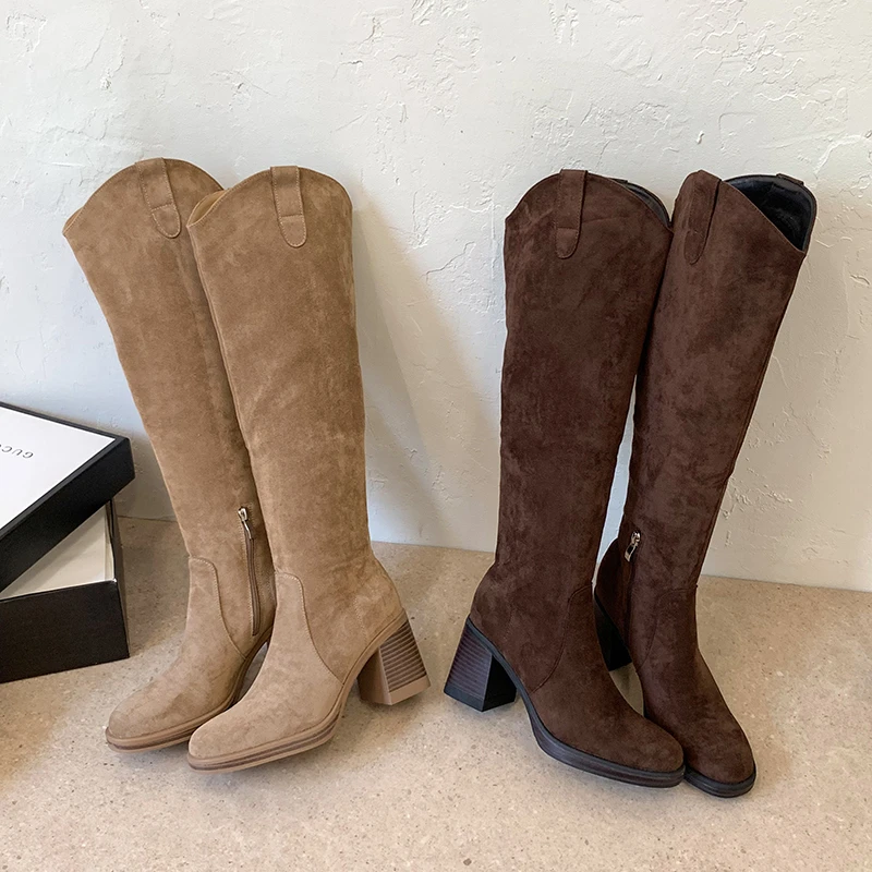 Women Knee High Boots Faux Suede Side Zipper Chunky Block Heel Round Toe Autumn Winter Lady Tall Boots Casual Street Boots Shoes - view 6