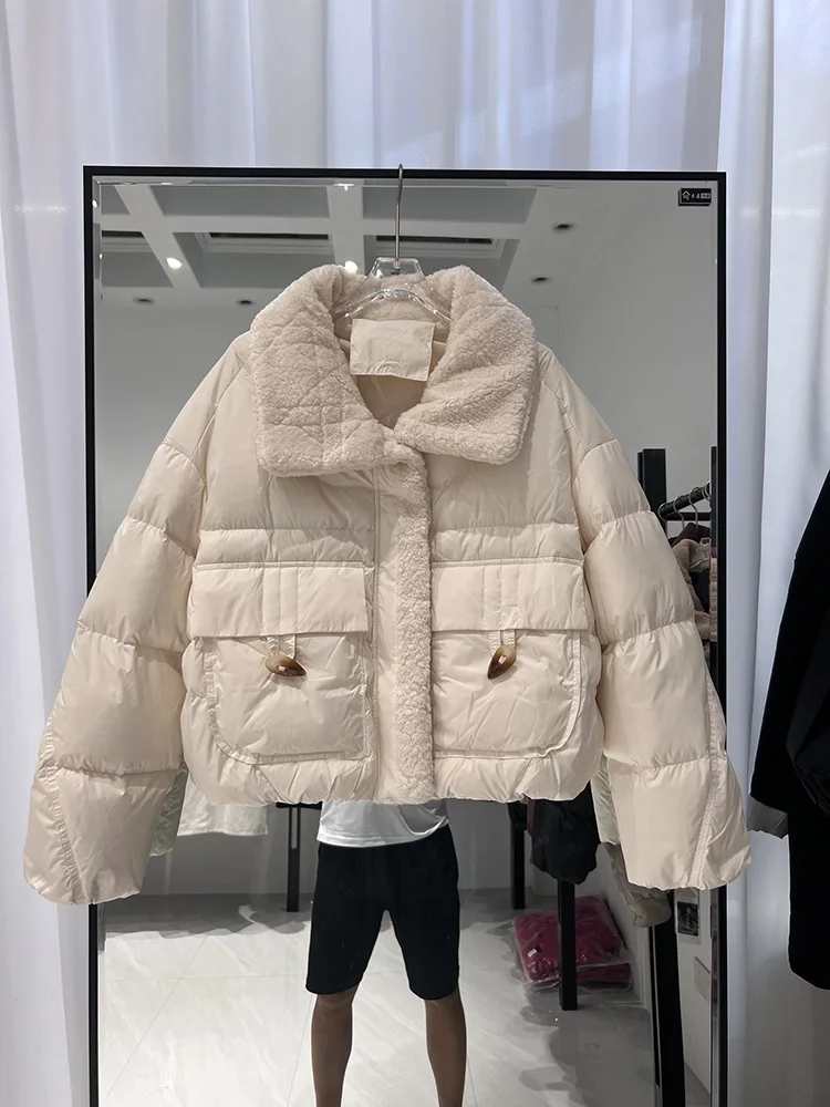 Koreanische Version Mode Reverskragen Lammwolle lässig vielseitige weiße Ente Daunenjacke trendiges Design Sinn Frauen Daunenjacke