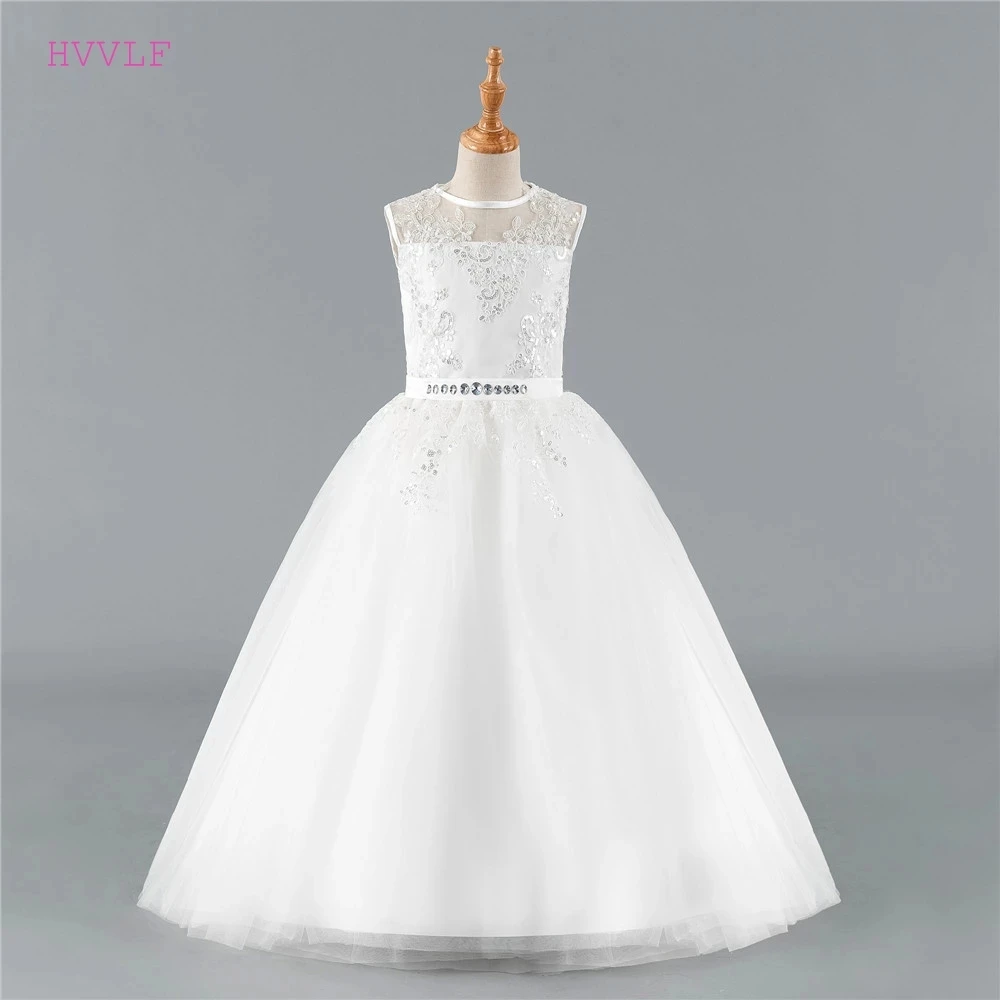 

Real Photo Flower Girl Dresses For Weddings Ball Gown Cap Sleeves Tulle Appliques Long First Communion Dresses Little Girl