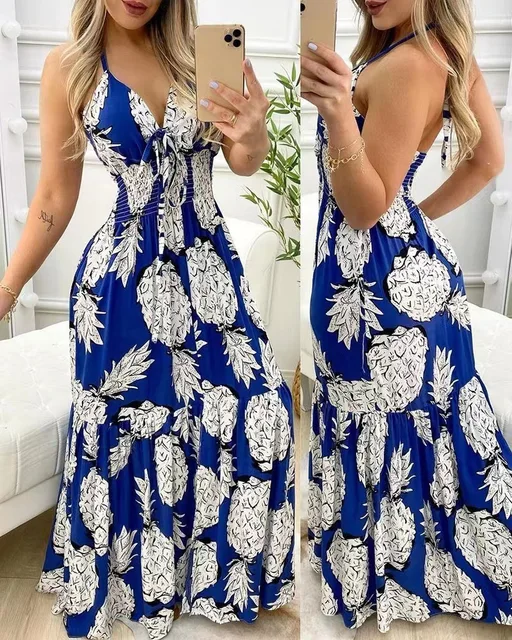 2023 Cross border New European and American Amazon Hanging Neck, Bra, Strap, High Waist Printed Long Dress, Sexy Women's Dress