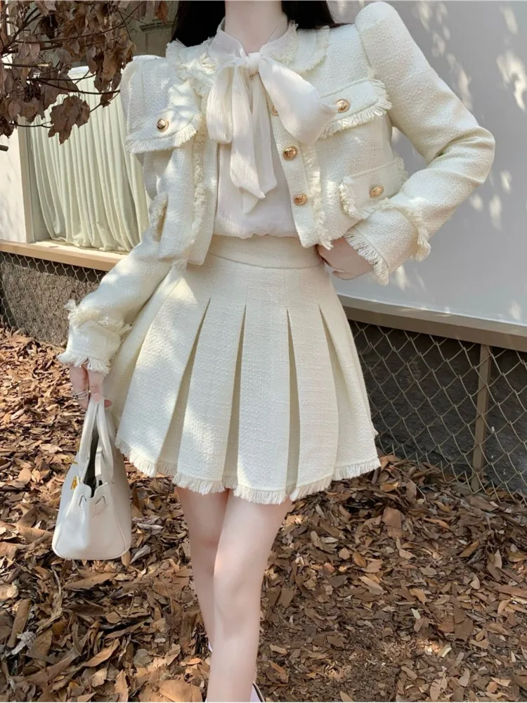 Spring New French Vintage Tweed Two Piece Set Women Short Jacket Coat + Pleated Skirt Suits Korean Ladies Luxury Outfits