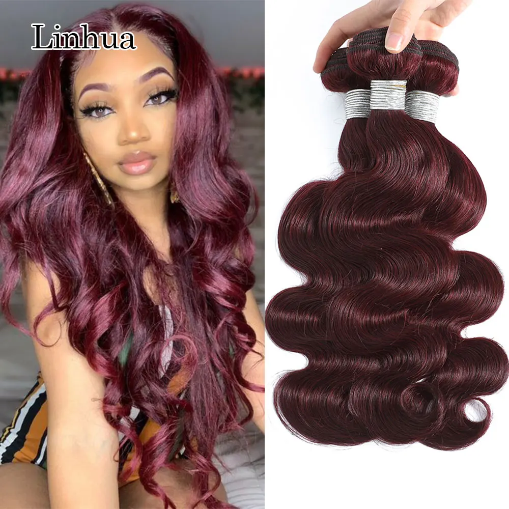 Linhua 99j Body Wave Bundles Burgundy Wave Human Hair Bundles 8 to 30 Inch 1 3 4 pc HairWeave Weft 100% Remy Hair