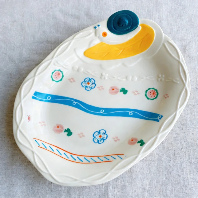 Cute Cartoon Snail Ceramic Bowl Plate Underglaze Color Embossed Tableware High Beauty Rice Soup Noodle Bowl for Home Daily Use
