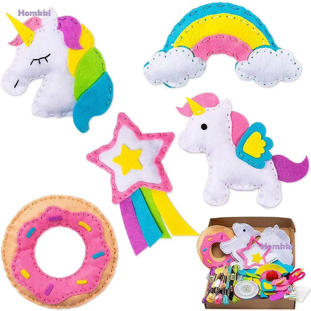 DIY Sewing Unicorn Felt Handmade Animals Craft Kit Stitching Donut Rainbow Stars Sewn Supplies Toy Gift For Kids Beginner Teens