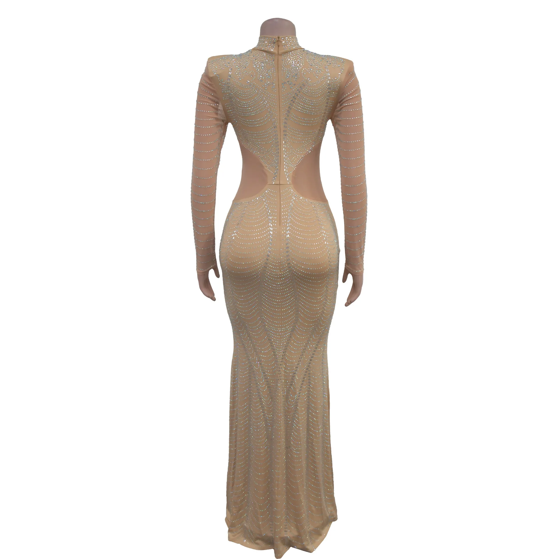 새로운 패션 섹시한 긴 소매 하프 하이 칼라 스팽글 메쉬 쉬어 솔리드 컬러 슬림 맞는 칼집 바닥 길이 드레스, 2 색