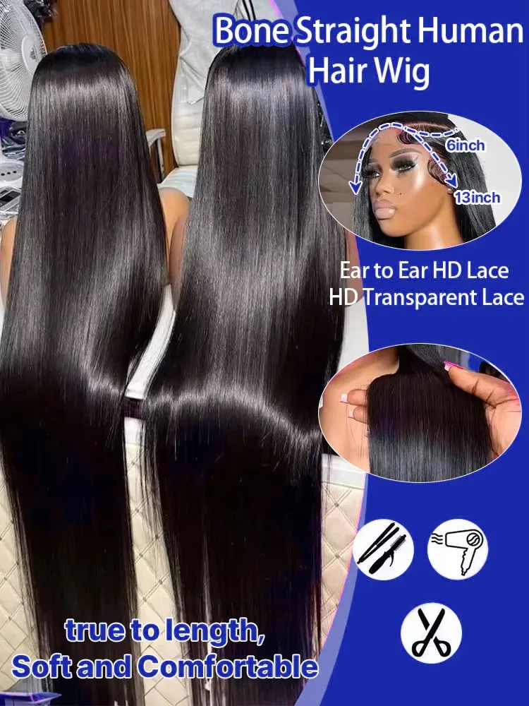 Peruca de Cabelo Humano Liso Sedoso Longo Sem Cola com Renda Frontal Completa para Mulheres, Cabelo Humano Virgem Cru Cambojano 13x4 13x6 HD Liso Extremo, Peruca Frontal de Renda Transparente, 40 42 Polegadas, 300 Densidade, Peruca Frontal de Renda HD Liso Sedoso com Linha do Cabelo Pré-Alongada
