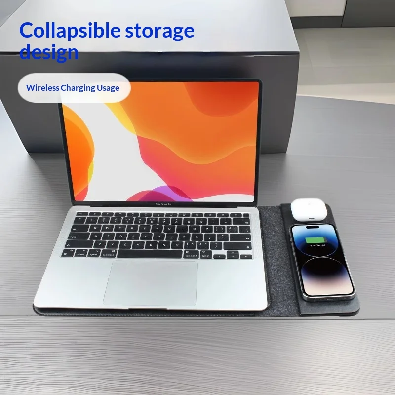 

Магнитная беспроводная сумка для ноутбука мощностью 15 Вт из искусственной кожи, беспроводная зарядка, складной дизайн для MacBook 14 дюймов, 16 дюймов, серо-черный