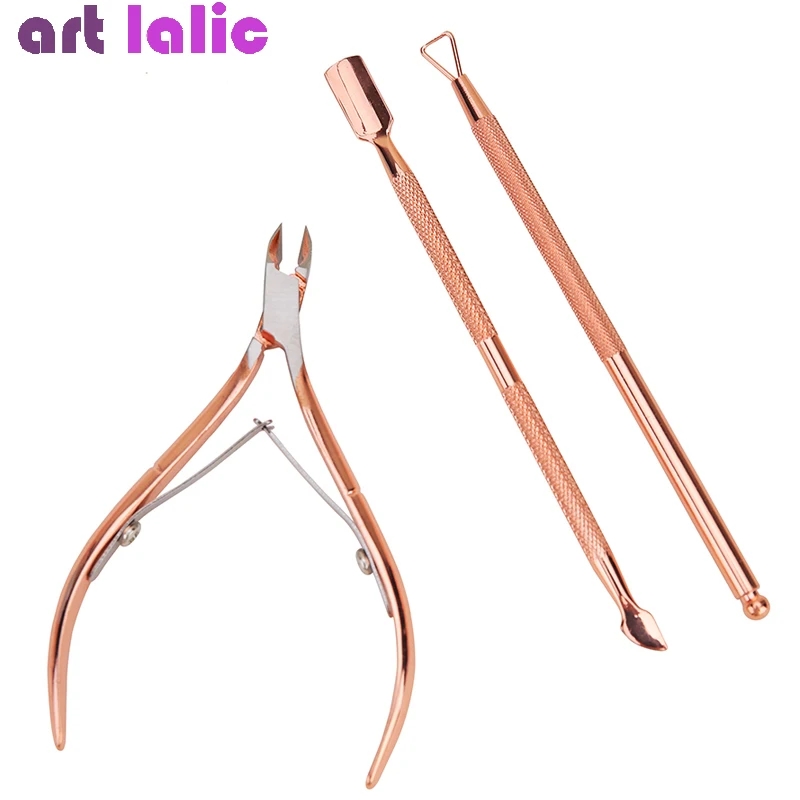 3 ชิ้นสแตนเลสสตีลเล็บชุดแต่งเล็บ-Dead Skin Pushers Cuticle Nippers กรรไกร Romover Rose Gold