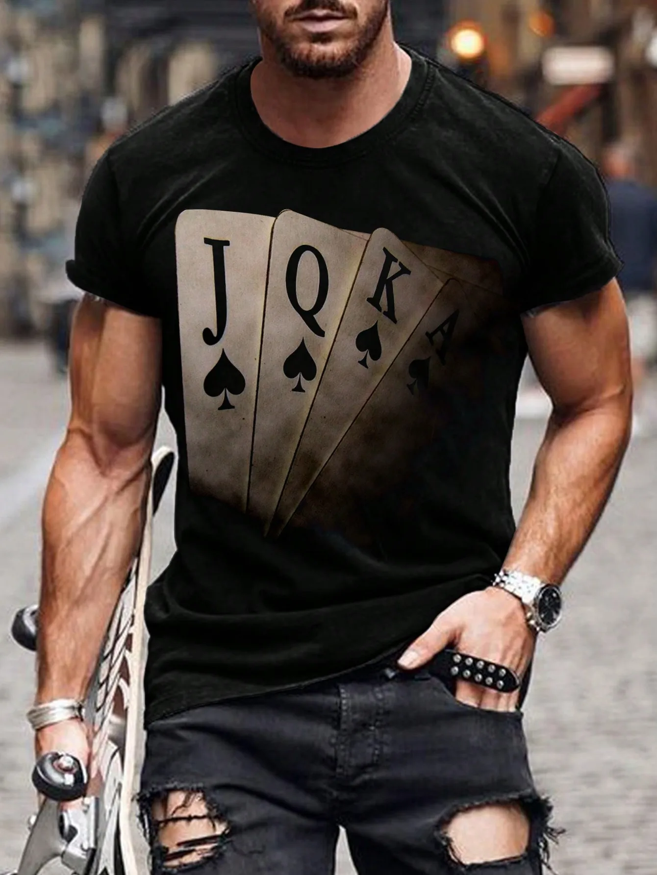 Vintage Street Men Casual Short-sleeved T-shirt Poker Print Trend Outdoor Wear