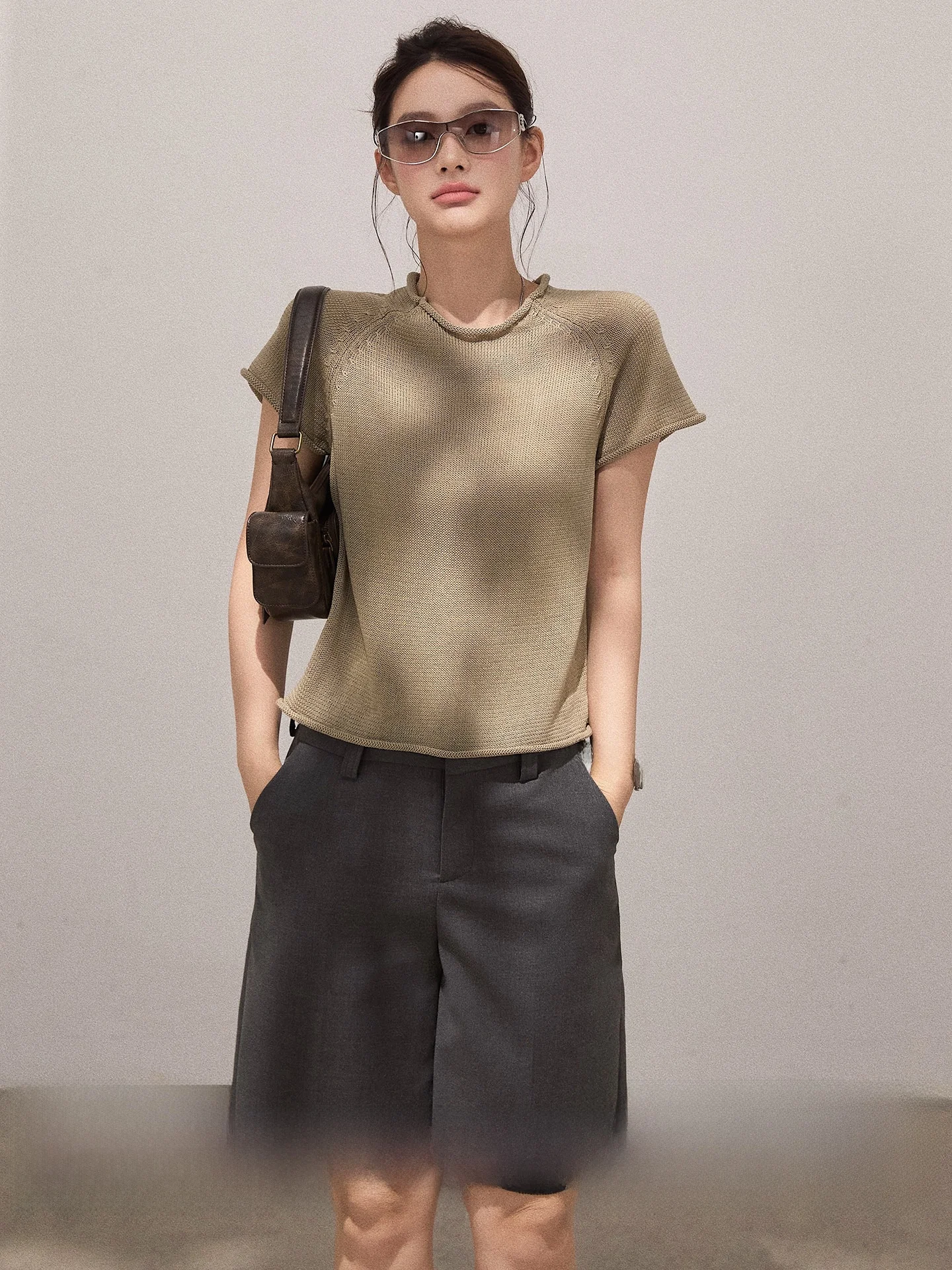 

Slim Fit round Ne Knitted ort Sve T-irt Women's Casual Sle Retro Summer Top Versatile Basic round Ne Tee