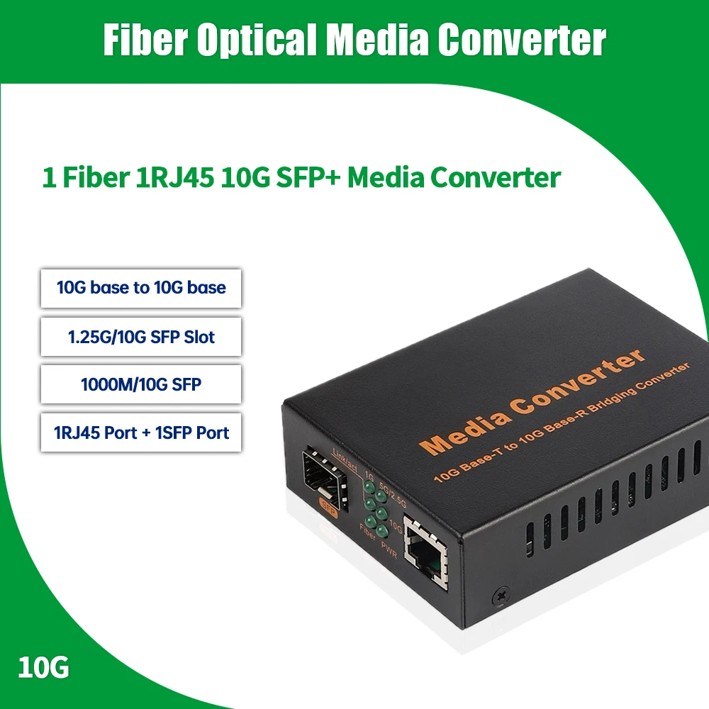 Convertidor de medios SFP+ de fibra a RJ45, 1,25G/10G, SFP+, 10/100/1000M/10G, convertidor Ethernet, ranura SFP+ sin adaptador de corriente