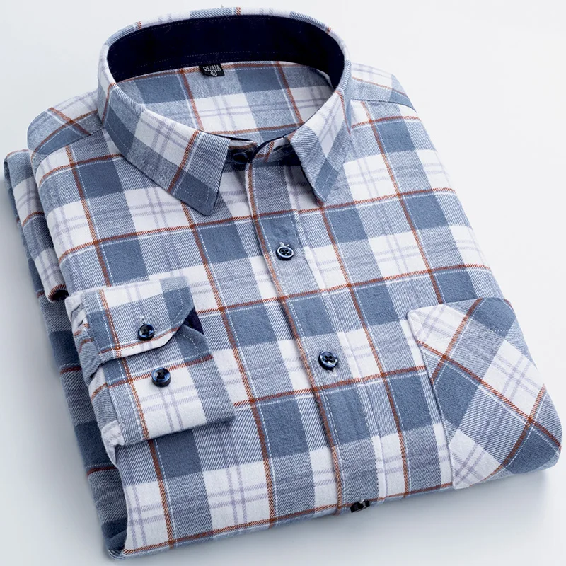 Nowe flanelowe koszule w kratę dla mężczyzn Zimowe ciepłe bawełniane koszule z długim rękawem i kołnierzem Regular Fit Odzież męska Casual Smart Shirts