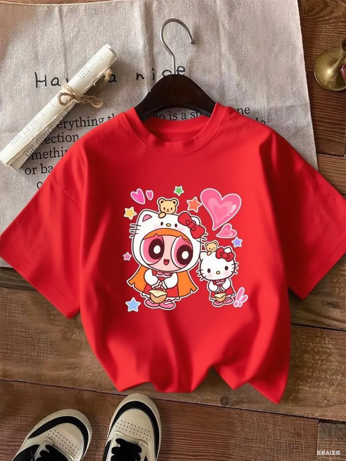 Cotton T Shirt with Hello Kitty Powerpuff Girls Graphic Adorable Kitty and Powerpuff Crossover Pattern Sweet Design Pure Cotton