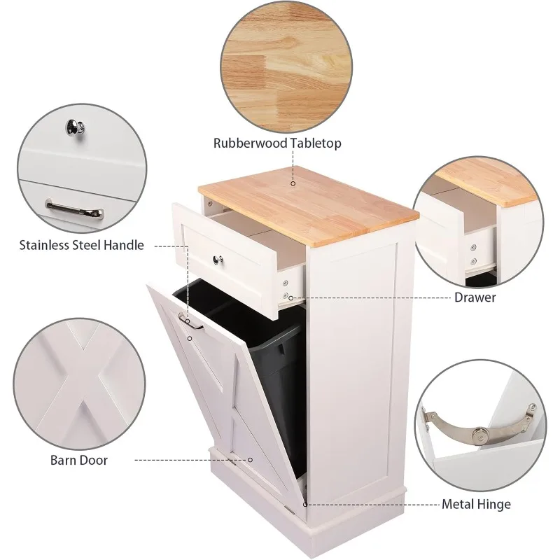 خزانة قمامة قابلة للإمالة، جزيرة مطبخ لباب الحظيرة على الطراز العتيق مع سطح من الخشب الصلب ودرج، سلة مهملات مقاومة للحيوانات الأليفة، #3