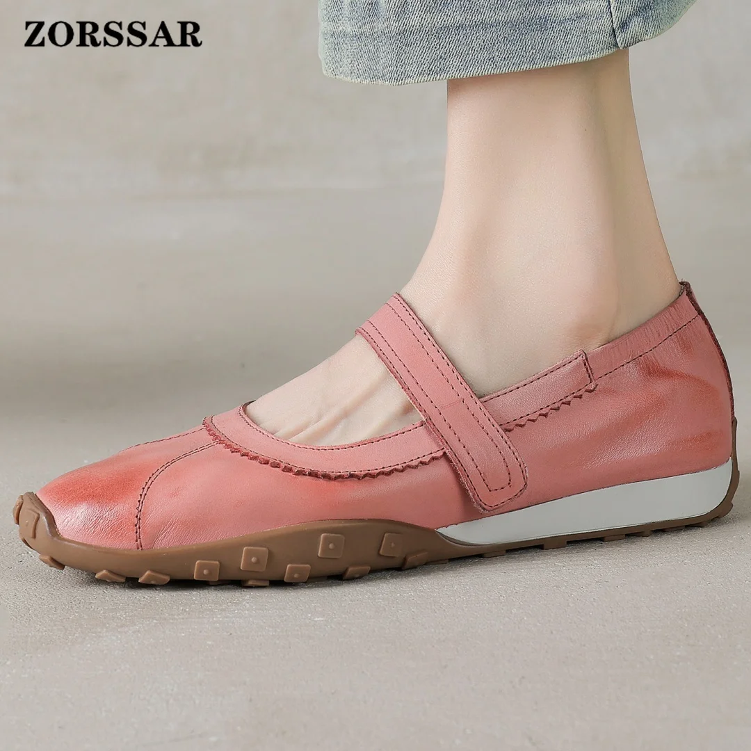Women's Cow Leather Narrow Band Hook&loop Slip-on Mary Jane Flats Sneakers Round Toe High Quality Soft Comfortable Espadrilles