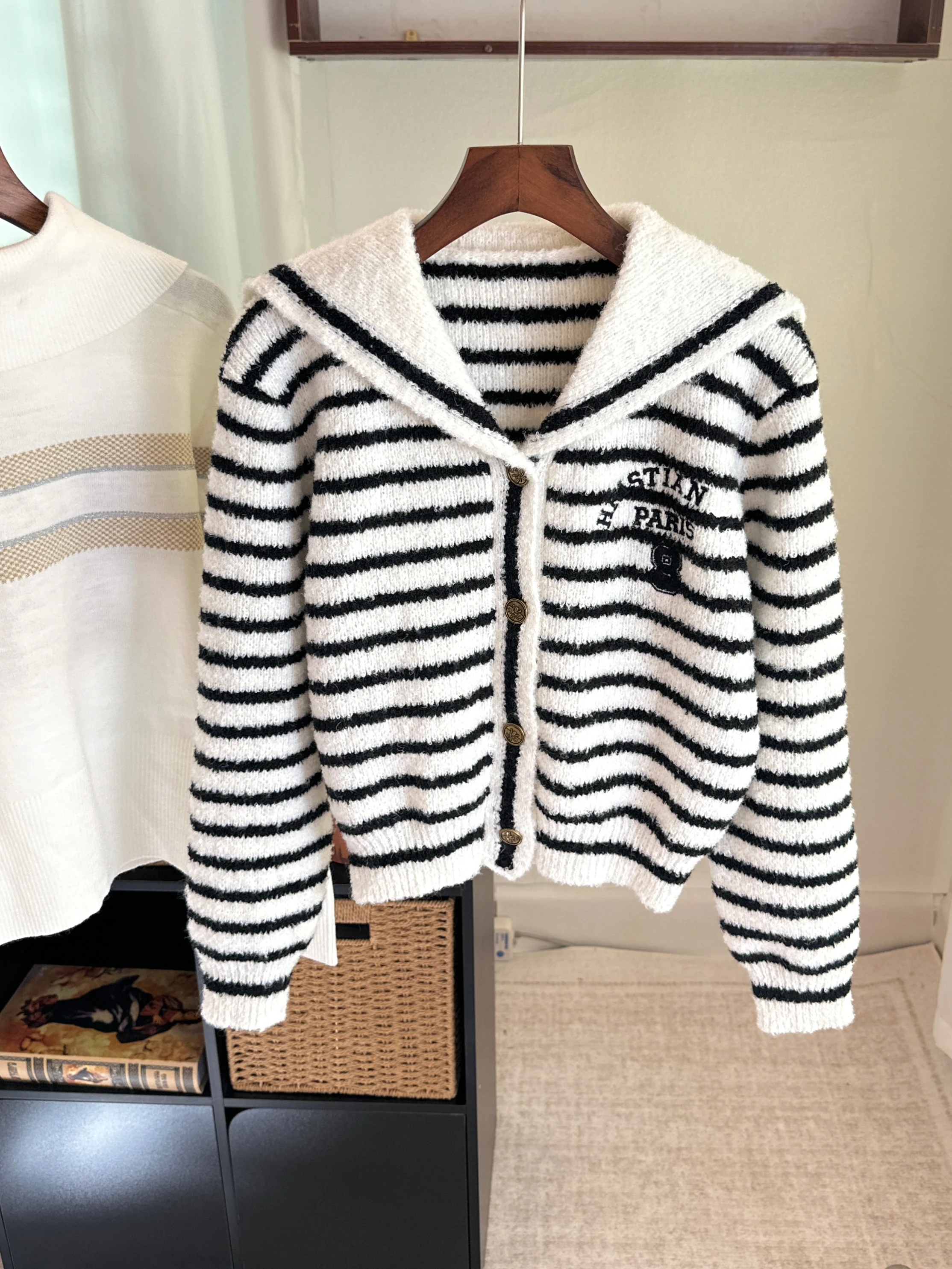 

Высококачественный женский вязаный открытый кардиган, мягкий свободный темно-синий воротник в полоску, осенне-зимняя верхняя одежда для поездок на работу Sle Long Sve