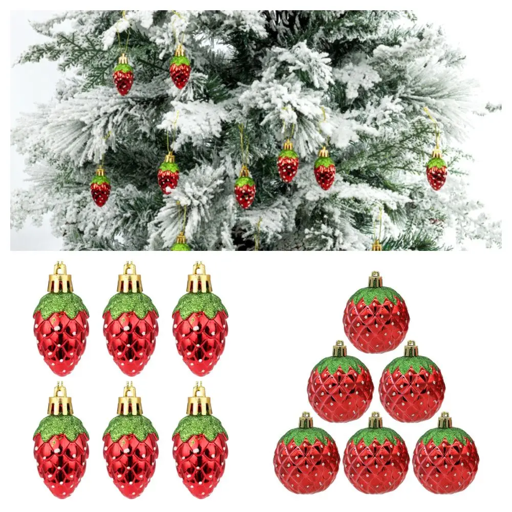 6PCS Red Christmas Hanging Decoration Stawberry Plastic Xmas Ornament Ball Electroplated Party Supplies Xmas Baubles Christmas