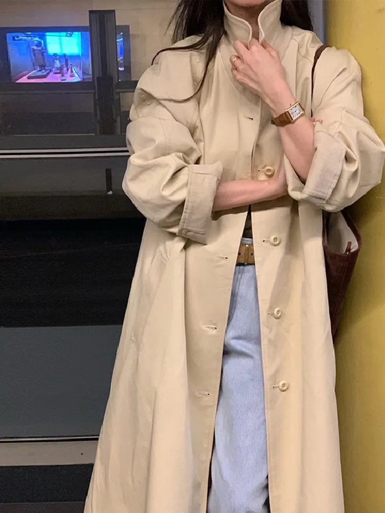 

Double-Sided Wear Long Coat Vintage Briti Loose Sle Dongda Gate Turn-down Collar Autumn Windbreaker for Women Commute