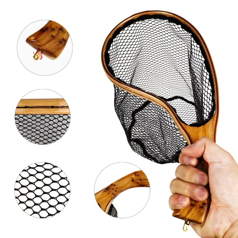 Curved Wooden Fly Fishing Landing Net Super Light Fishing Net With Swivel Brass Lanyard Attachment Perfect