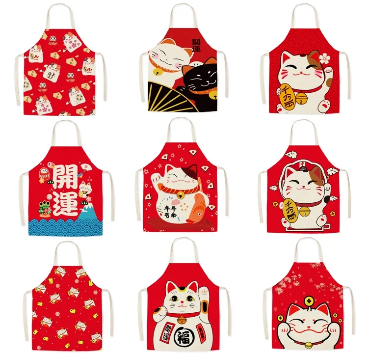 Japanese Cute Lucky Cat Kitchen Cooking Aprons for Woman Cooking Children's Kid Linen Apron Baking Coffee Shop Accessories