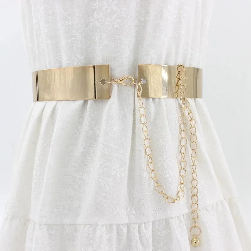 

Women Metallic Decor Waist Belt European and American Trendy Gold Silver Adjustable Waistband Skirt Mirror Chain Designer Belts