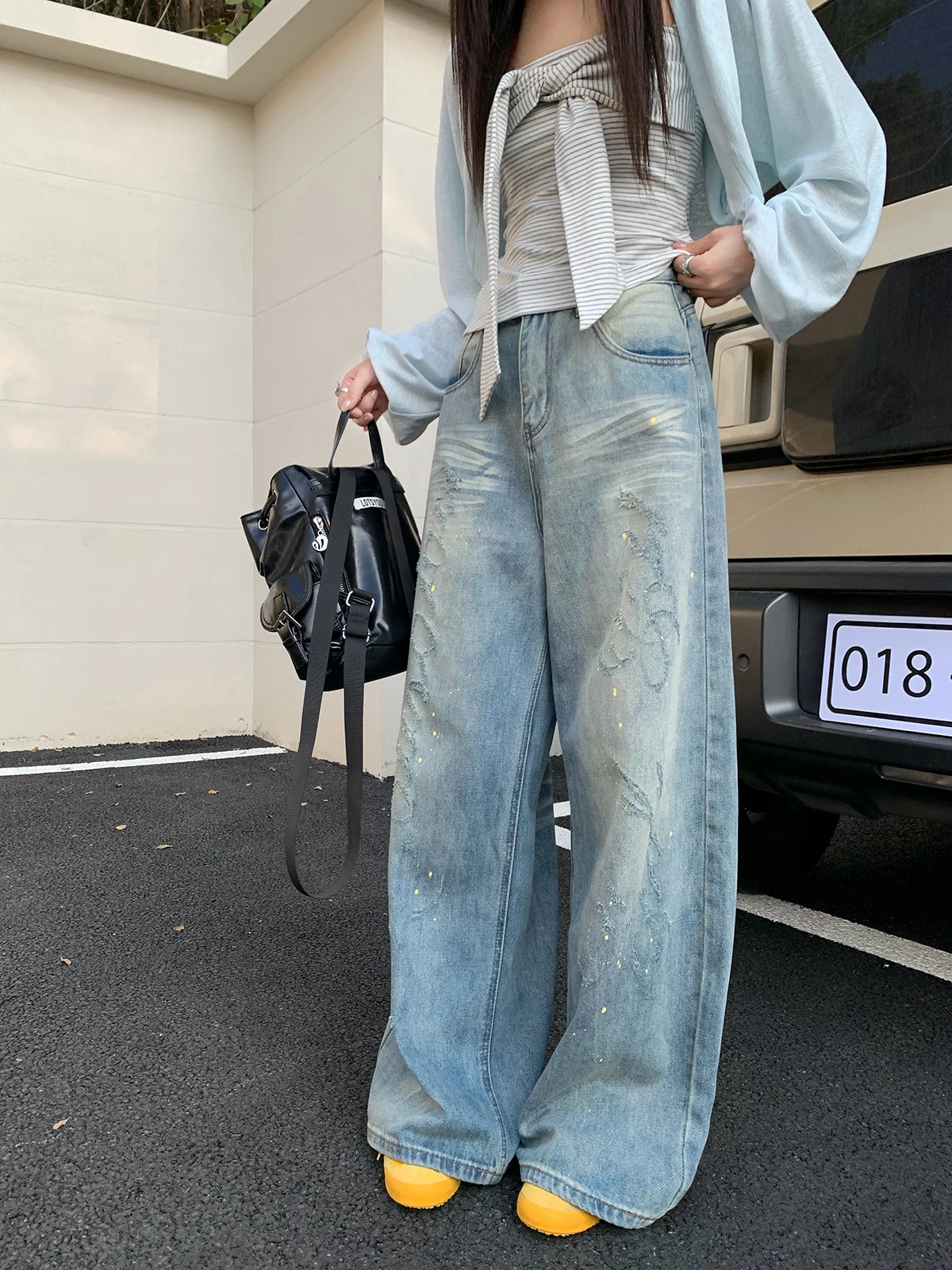 

Joeyoo New Design Graffiti Washed Wide Leg Jeans Women Summer Thin Loose Floor-Length Pants High Waist Denim Cloth Skin-Frien...