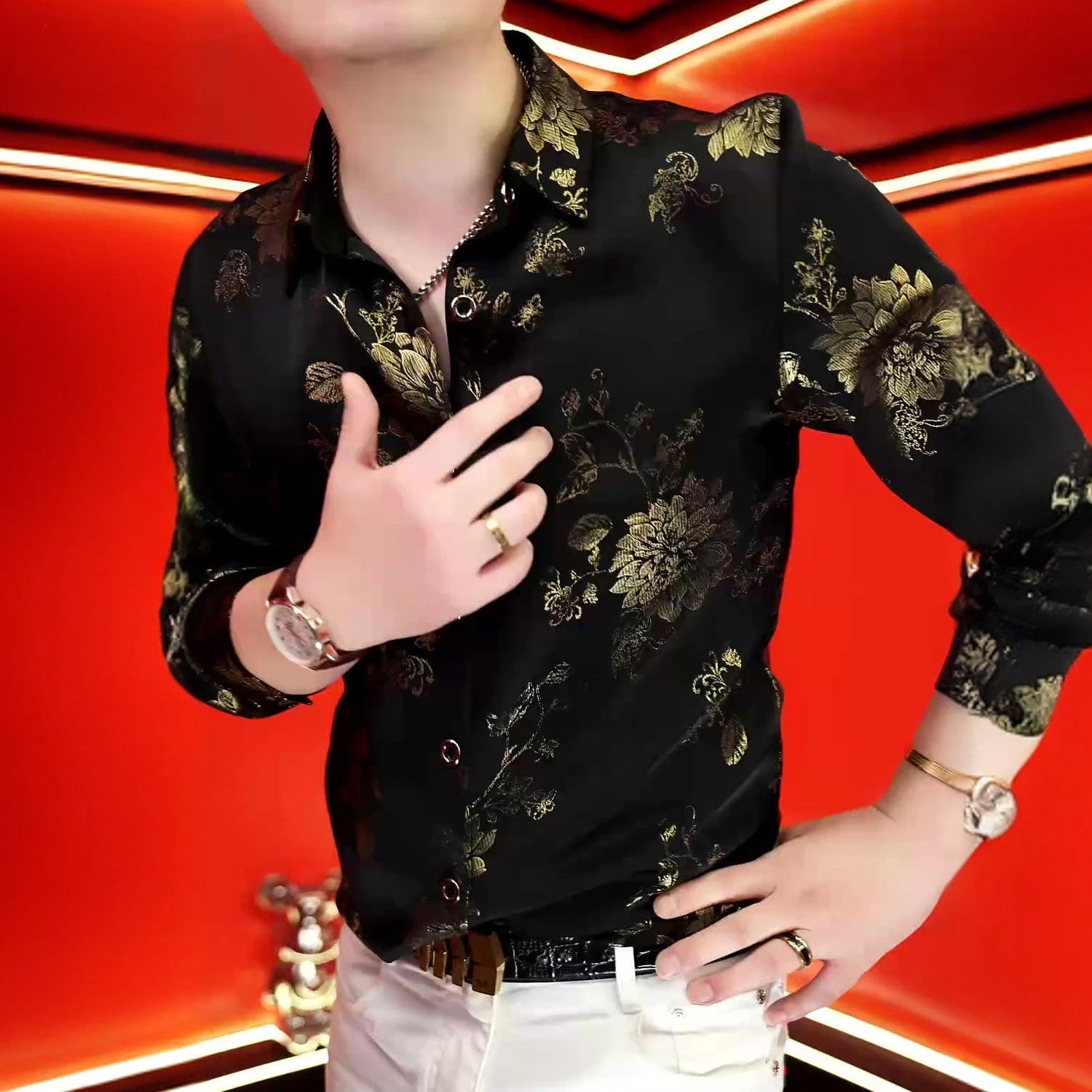 

Fashionable Slim Fit Men's Long Sleeve Shirt Lightweight Luxury Style Breathable Polyester Summer Shirt Printed Front Chest