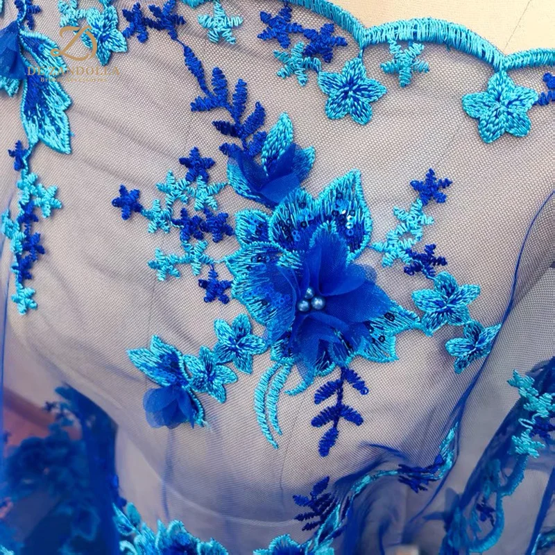 Blue 3D Beaded Floral Lace Fabric Chiffon Appliqué Mesh Embroidery Fabric for Bride Width 120cm Sold by the yard