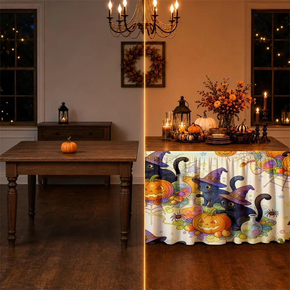 One Halloween table skirt with printed design. Festive atmosphere. Weird and interesting.