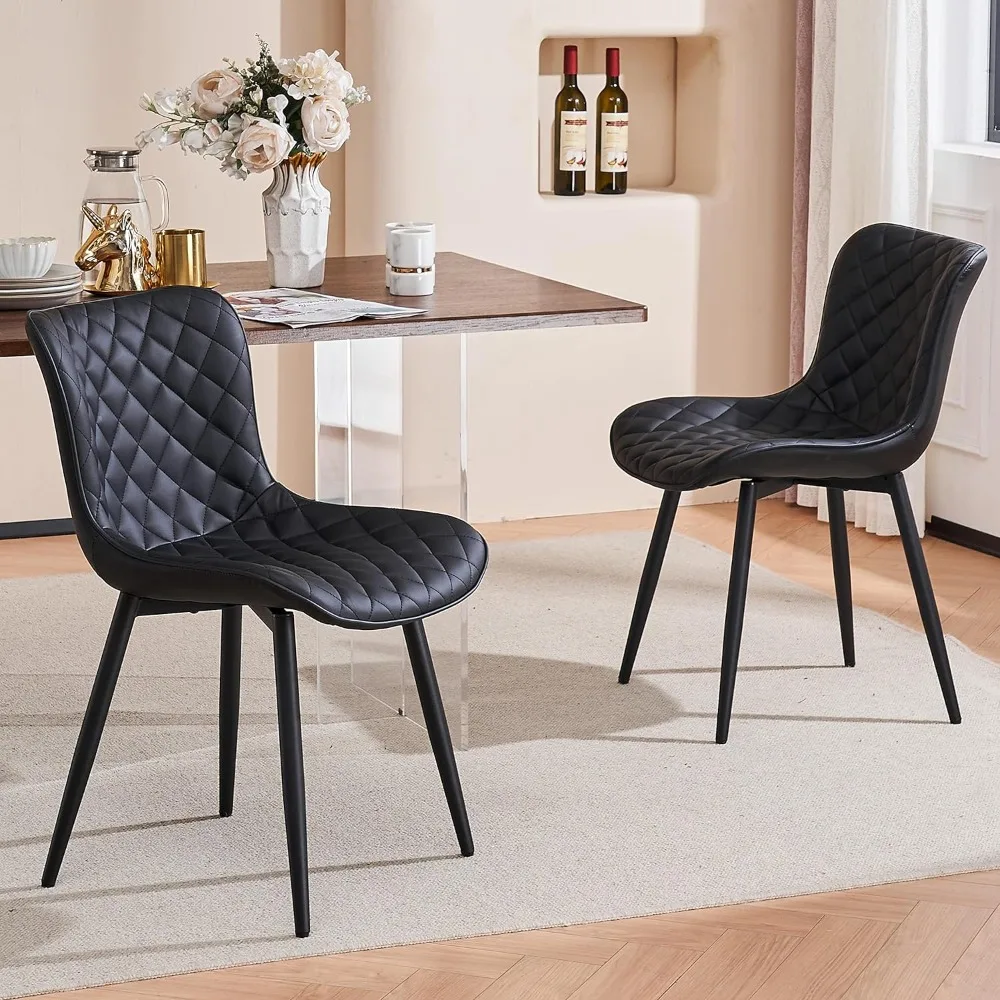 Black Dining Chairs Set of 2, Modern PU Leather Diamond Upholstered Accent Guest Dinner Chair with Back Metal Legs for Kitchen