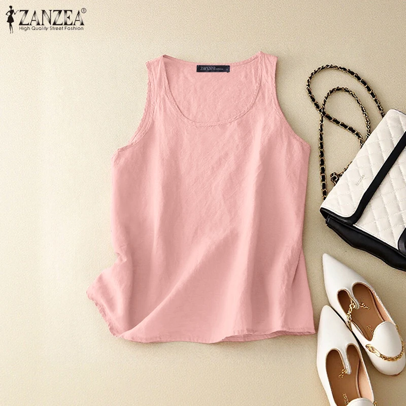 ZANZEA Summer Sleeveless Tanks Tops Women Casual Solid Color Blouse O Neck Loose Holiday Shirt Breathable Lightweight Tees Mujer