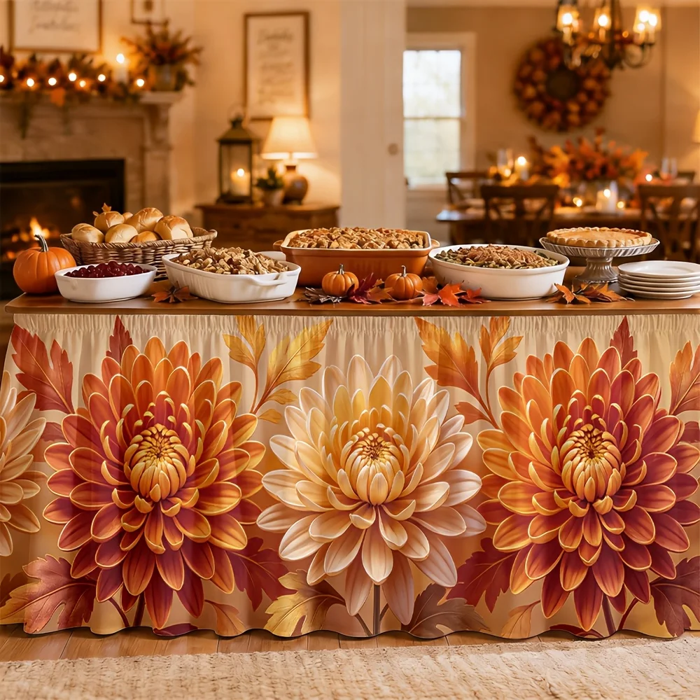 Table skirt / tableskirt, warm tones in autumn, chrysanthemum pattern, cozy interiorzyc