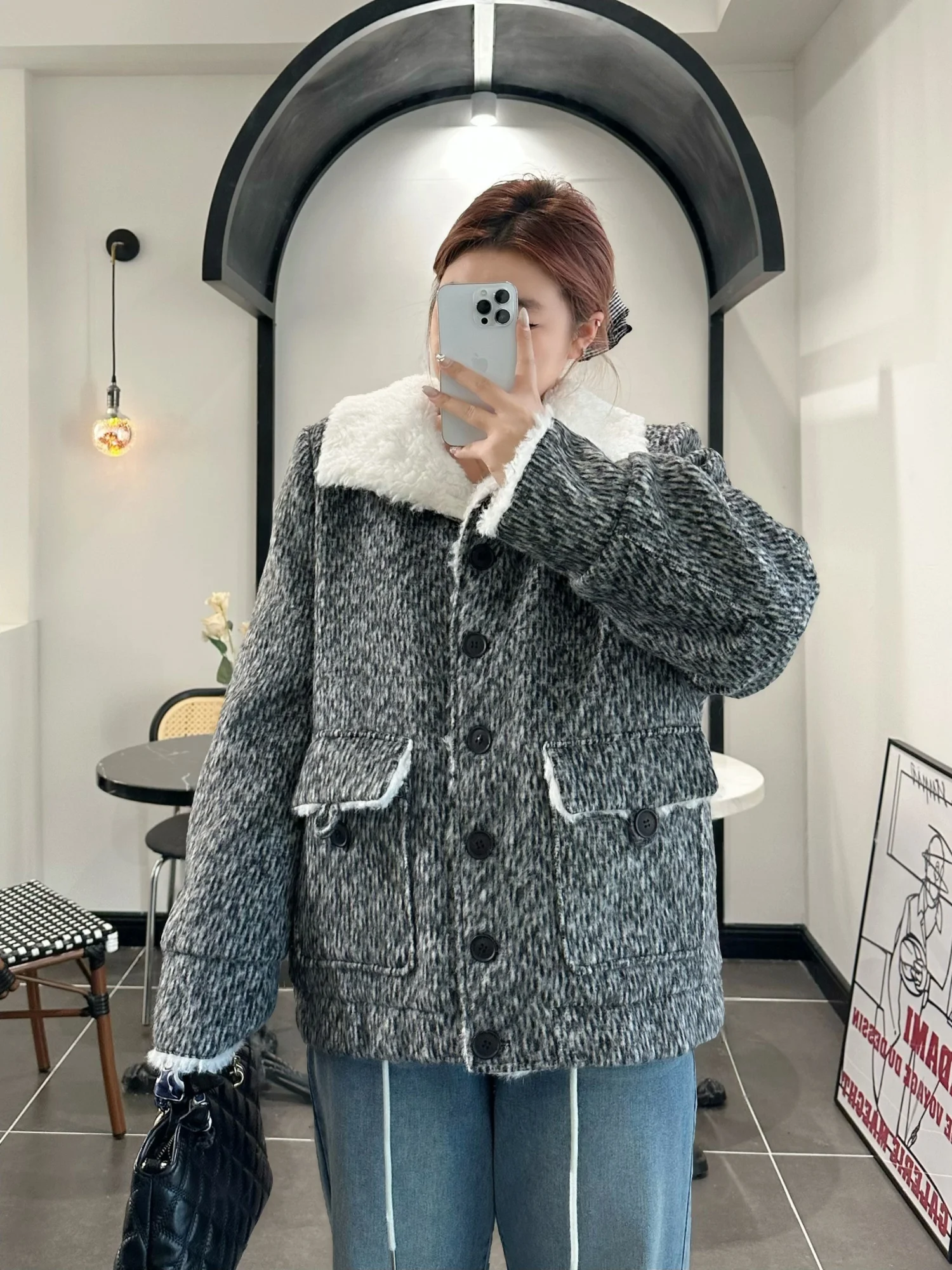 

plus Size Winter Jacket Korean Style Fashionable Slimming Casual Fur Collar Coat Thickened Polyester Fiber Long Sleeve