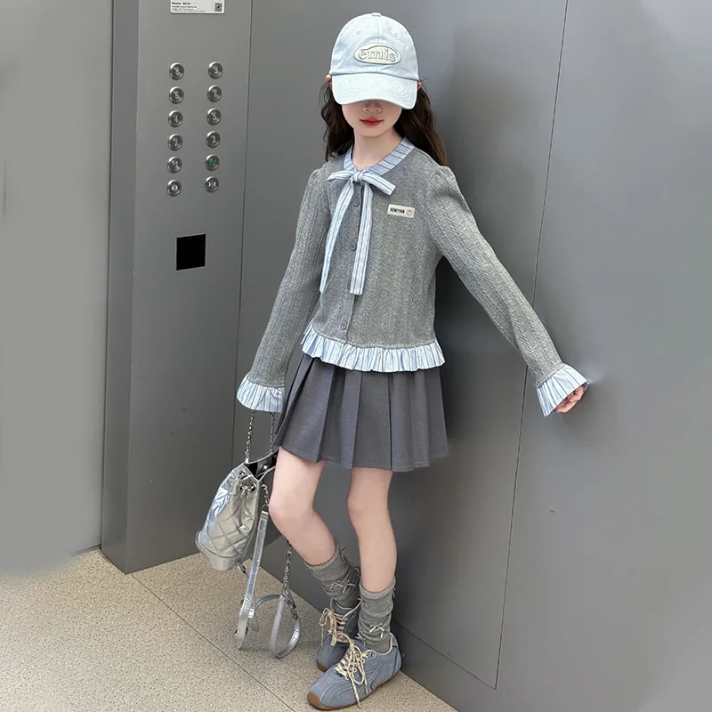 الفتيات مجموعة الربيع والخريف النمط الغربي فراشة عقدة الربط الدانتيل قميص تنورة قابلة للطي قطعتين مجموعة عصرية