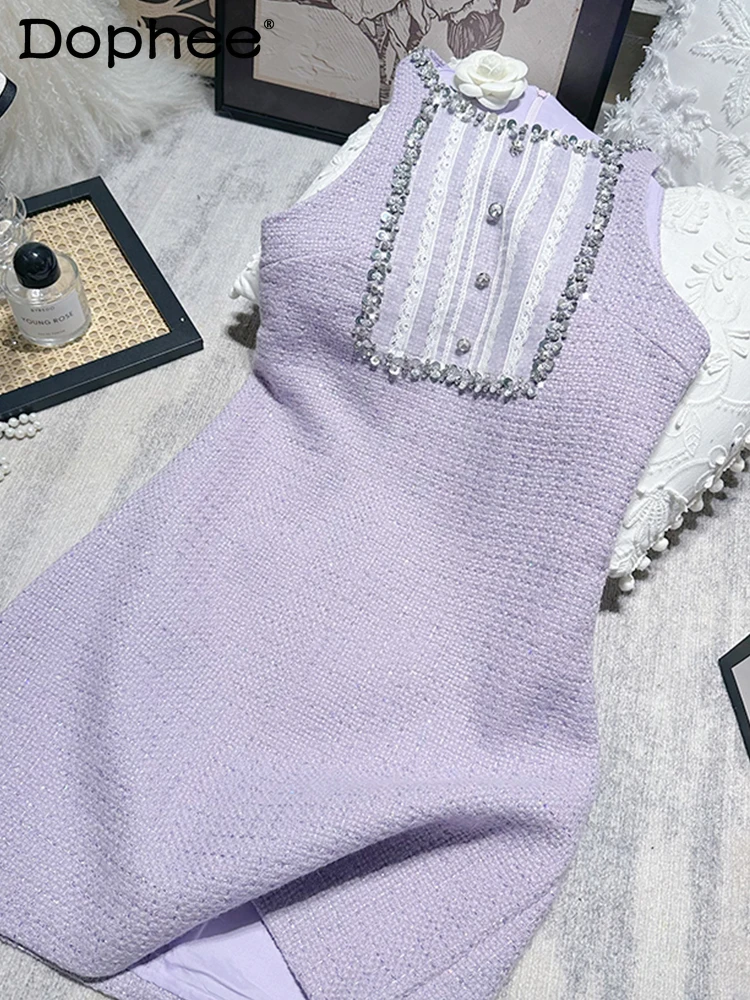 

Purple Diamond Neck High Waist Dress for Women French Light Luxury Nails Diamond Round Neck Sleeveless Party Dress Mini Dress