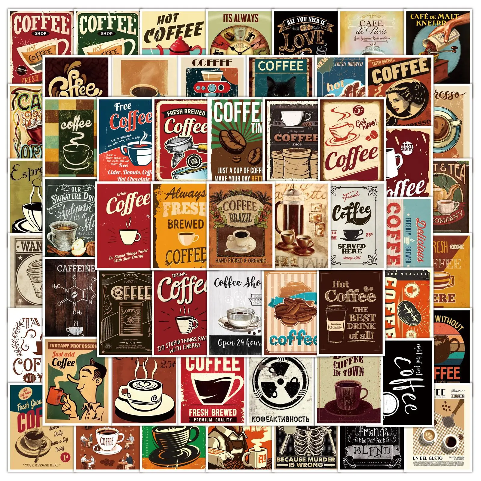 

50Pcs Vintage Coffee Theme Stickers Aesthetic Retro Coffee Poster Waterproof Stickers for Planner Diary Decoration