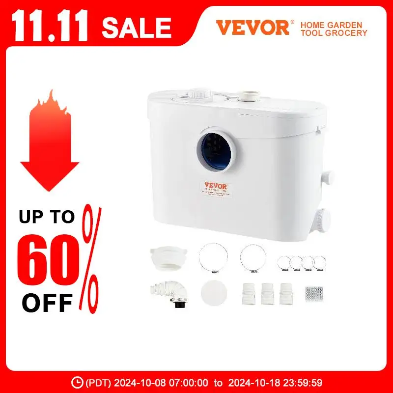 VEVOR Macerator Pump 700W Head Macerator Sewerage Sump Pump with 3 Water Inlets Toilet/Kitchen/Sink/Waste Water Disposal Machine