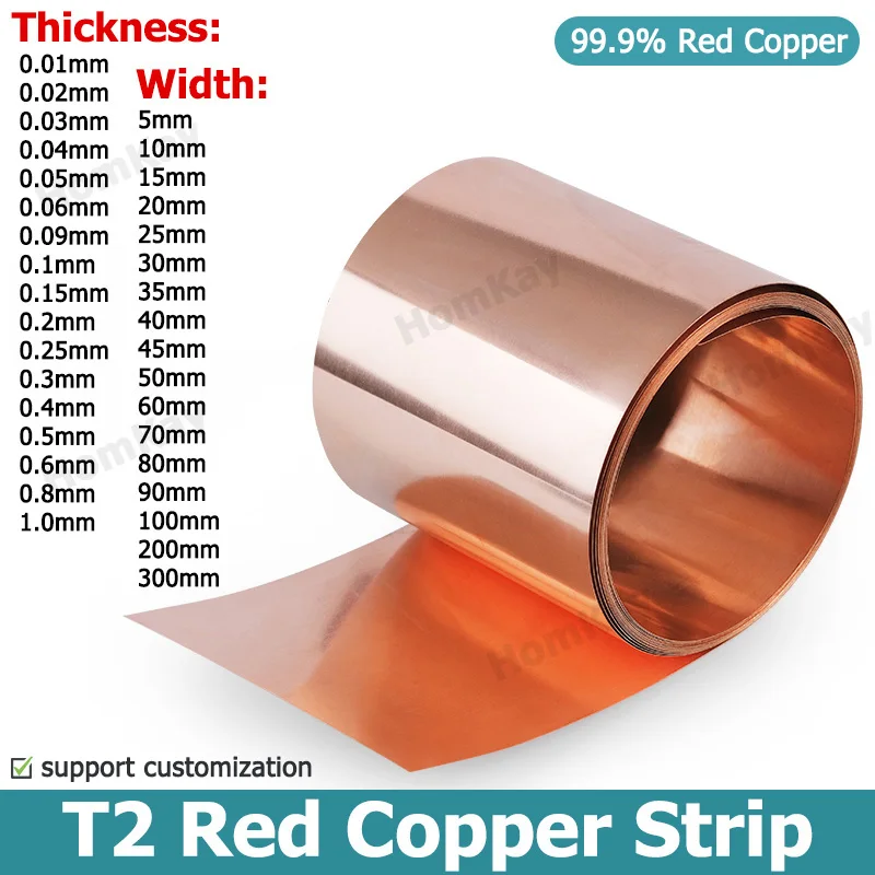 1 metr T2 Czerwony pasek miedziany Grubość blachy 0,01-1 mm Miedziana cewka Szerokość płyty 10-300 mm 0,02/0,05/0,1/0,15/0,2/0,25/0,3/0,4/0,5 mm