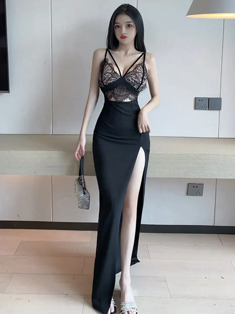 فستان كوكتيل أحمر فاخر للنساء ريترو دانتيل بألواح انقطاع فتحة جانبية رسن رسمي أنيق للحفلات فستان ضيق للحفلات الراقصة