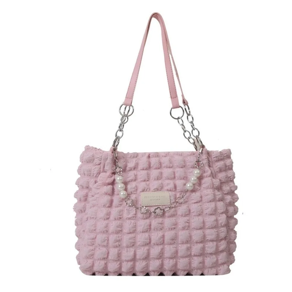 

Fashion Beaded Pleated Tote Bag Korean Style Chain Plaid Handbag Handheld Solid Color Bubble Cloud Bag Lady