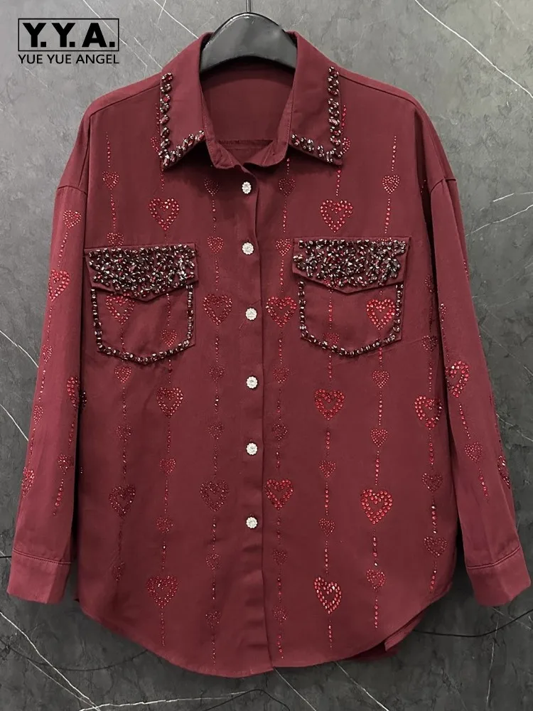 

Autumn Fashion Diamond Heart Loose Fit Lady Shirt Pocket Turndown Collar Casual Tops Fashion Long Sleeve One Size Fit All Shirts