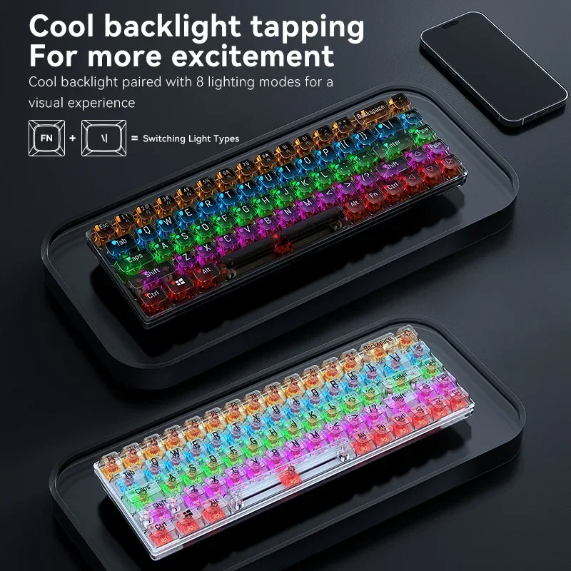 T40 Transparent Mechanical Keyboard Custom Crystal Switch Colored Light 68key Type-c Gaming Esports Wired Keyboards Girl's Gift