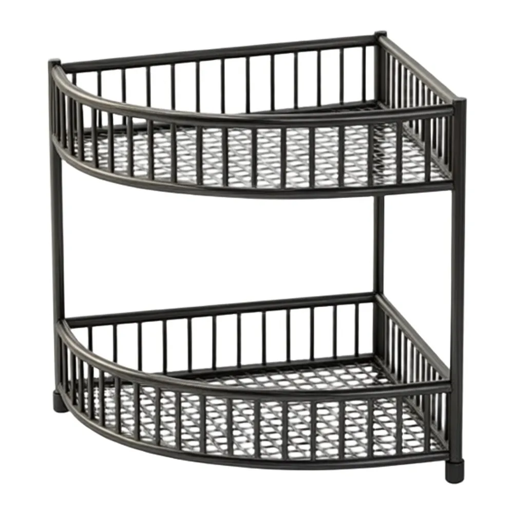 Dual Tier Iron Corner Shower Organizer for Bathroom Rust Resistant Material Fits 90 Degree Wall Junctions Compact Design