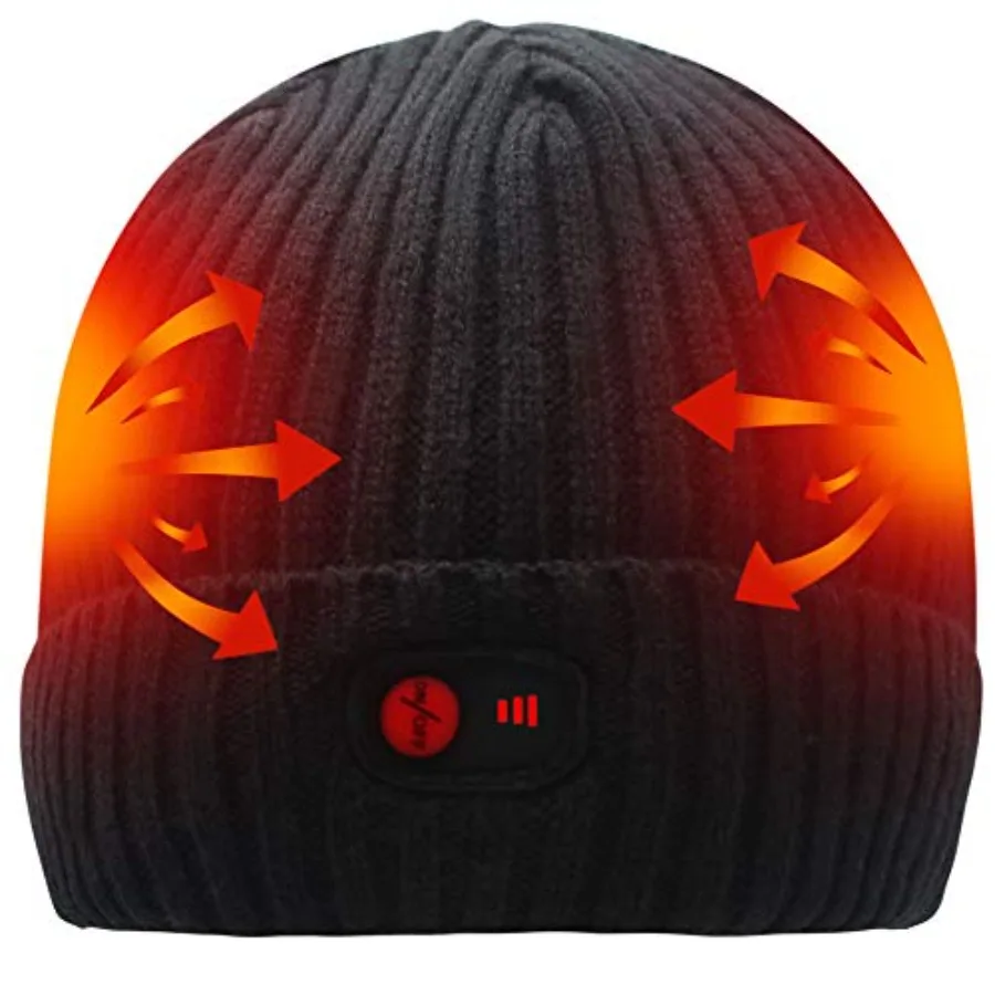 

Winter beanie hat for outdoor activities, polyester fabric, black, rechargeable battery heating system